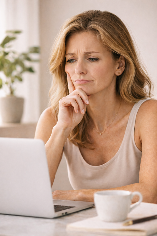 mujer buscando mejor crema natural para piel seca en ordenador