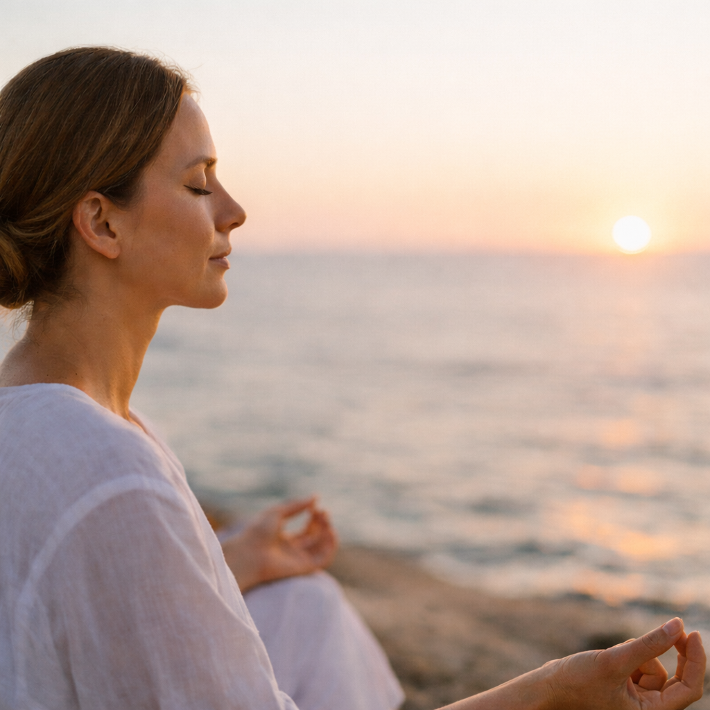 Mujer practicando respiración consciente frente al mar para reducir el estrés y mejorar la salud de la piel